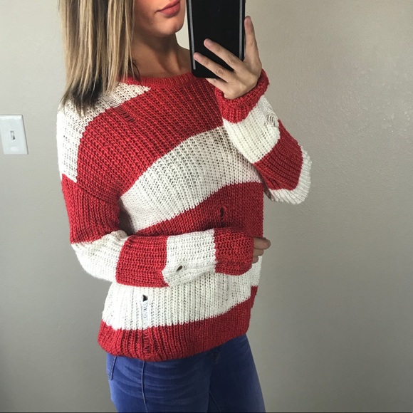 Cotton Emporium Sweaters - Red & White Striped Distressed Sweater